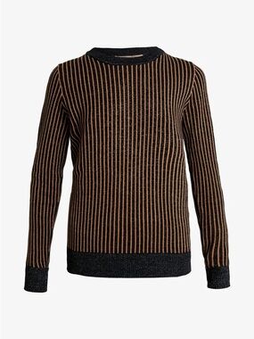 Theory Black Crewneck Sweater with Brown Pinstripes